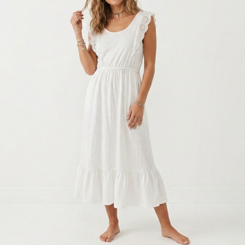 Organic Cotton ICÔNE PAR SIMONE Eyelet Sleeve Midi Dress Boho Luxe Romance L